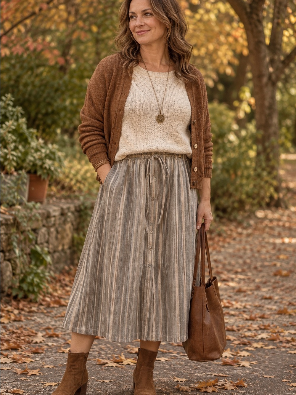 Striped Midi Skirt in Grey Taupe and Cream Cotton Small